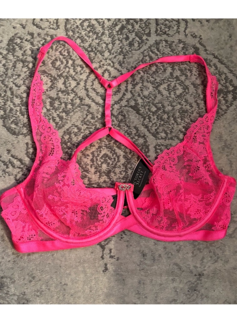 Victoria's Secret Bright Pink Lace Underwire Bra with Strappy Back